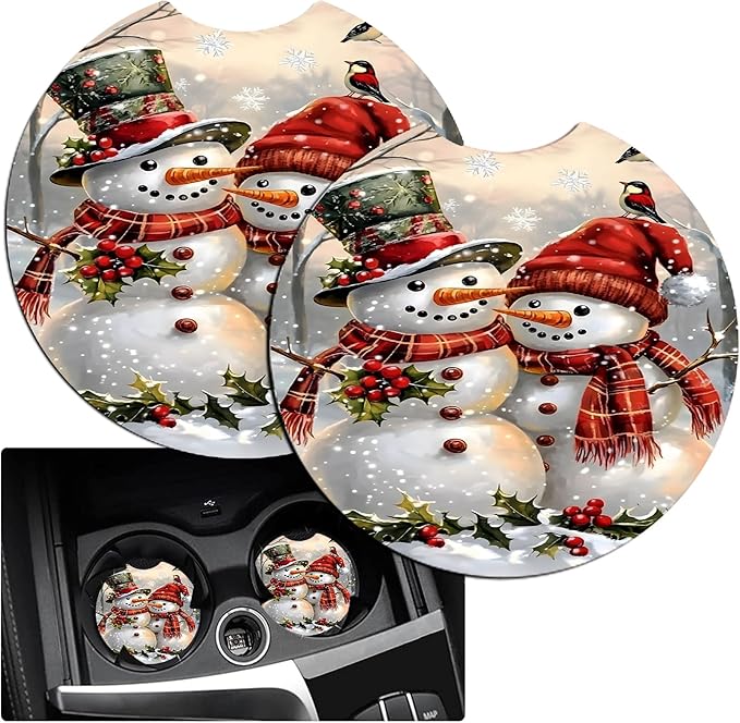 JANENFNA Car Armrest Cover Pads Universal Fashion Cute Auto Center Console Armrest Cover Pad with 2PCS Car Coasters Soft Waterproof Car Armrest Seat Protector for Women,Christmas Snowmen