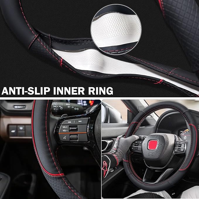 ANMOSVO Steering Wheel Cover for Honda Civic(2006-2015),CR-Z, Insight, S2000|Microfiber Leather & Anti-Slip Safety Design | 14-14.25 Inch Custom Fit (Red-Small Size)