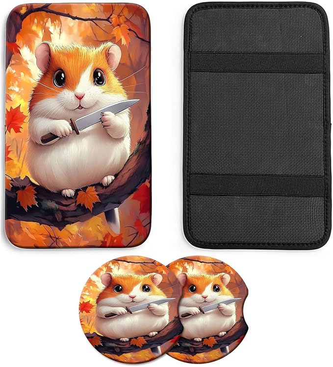 JANENFNA Car Armrest Cover Pads Universal Fashion Cute Auto Center Console Armrest Cover Pad with 2PCS Car Coasters Soft Waterproof Car Armrest Seat Protector for Women,Cate Hamster