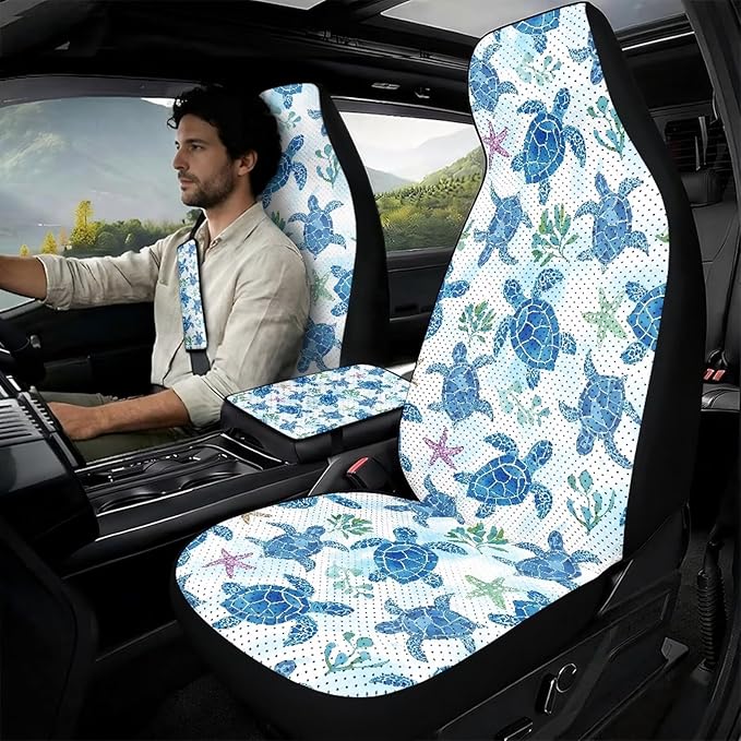 Oramclsy Turtle Car Front Seat Covers Protector Accessories with PU Breathable Armrest Pad and Seat Belt Cover 5 Pack Set Interior Decor All Season Protector