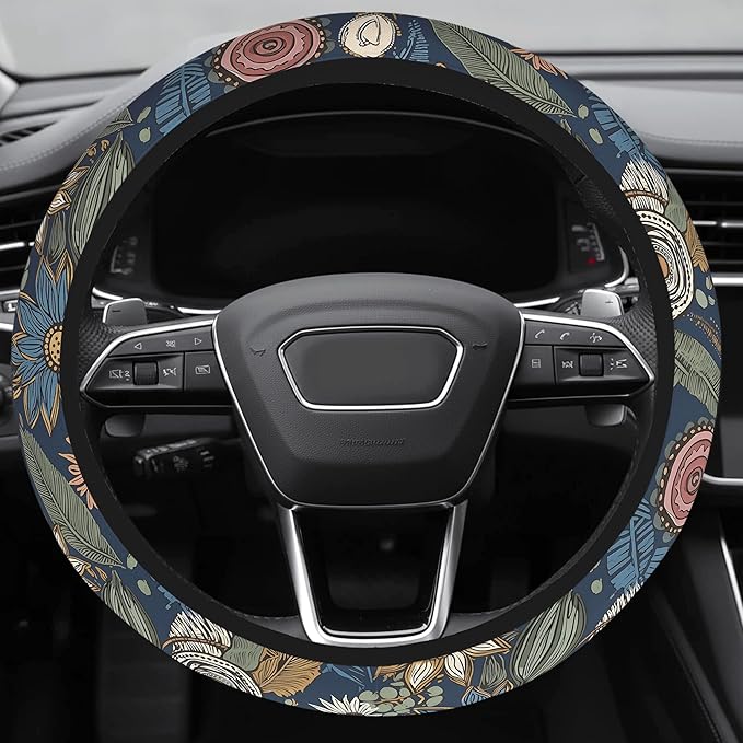 Cute Steering Wheel Cover for Women, Machine Washable Universal 14.5-15.5 inch Non-Slip Grip All Weather Use (Retro Floral Blue)