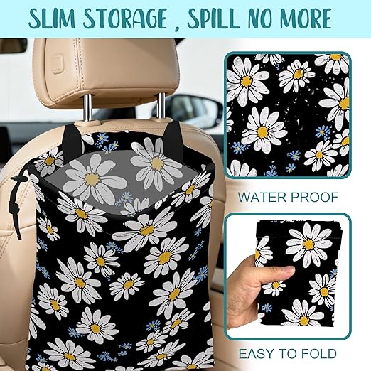 KXWQTRDD Car Trash Bag White Daisies Blue Flowers Leak-Proof Car Garbage Bag with Drawstring Foldable Canvas Trash Bin with Adjustable Buckle for Car Accessories, Travelling, Camping