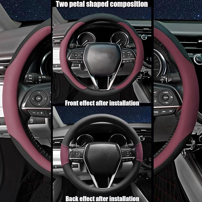 Mihecor Steering Wheel Cover Standard Size Medium 14.5-15 inch, Breathable Microfiber Leather, Anti-Slip, Soft Grip, Universal Fit for Cars SUVs Trucks, Black and Burgundy