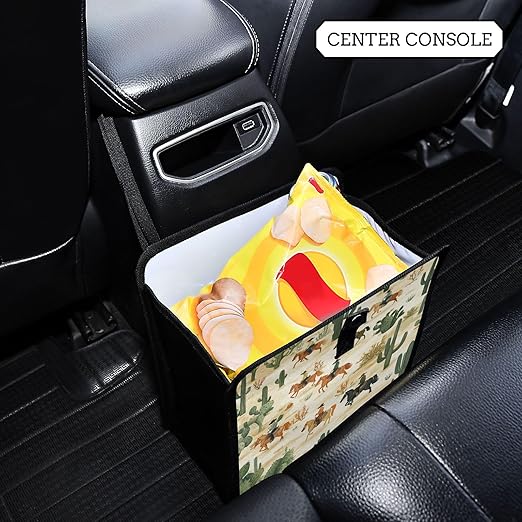 Car Trash Can Organizer Bin with Adjustable Strap for Back Front Seat Console Waterproof Leakproof Collapsible Portable 11 Inch Cute Cacti Desert Cowboys Horses