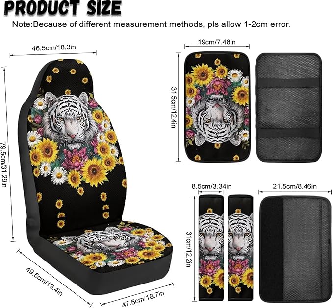Oramclsy Tiger Heavy Duty Car Seat Covers with Armrest Pad and Sunflower Seat Belt Pads 5 Pack Universal Auto Interior Protector Set Universal Size