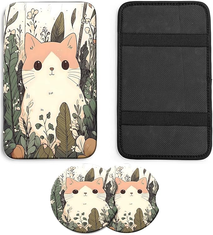 JANENFNA Car Armrest Cover Pads Universal Fashion Cute Auto Center Console Armrest Cover Pad with 2PCS Car Coasters Soft Waterproof Car Armrest Seat Protector for Women,Cute Cat in Flowers