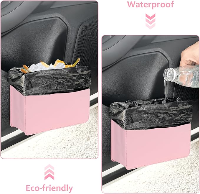Accmor Car Trash Can, Foldable Leather Vehicle Garbage Organizer Bin with 30 Pcs Trash Bags, Mini Leak-Proof Auto Dustbin Storage Container Accessories for Cars Vans SUVs (Pink)