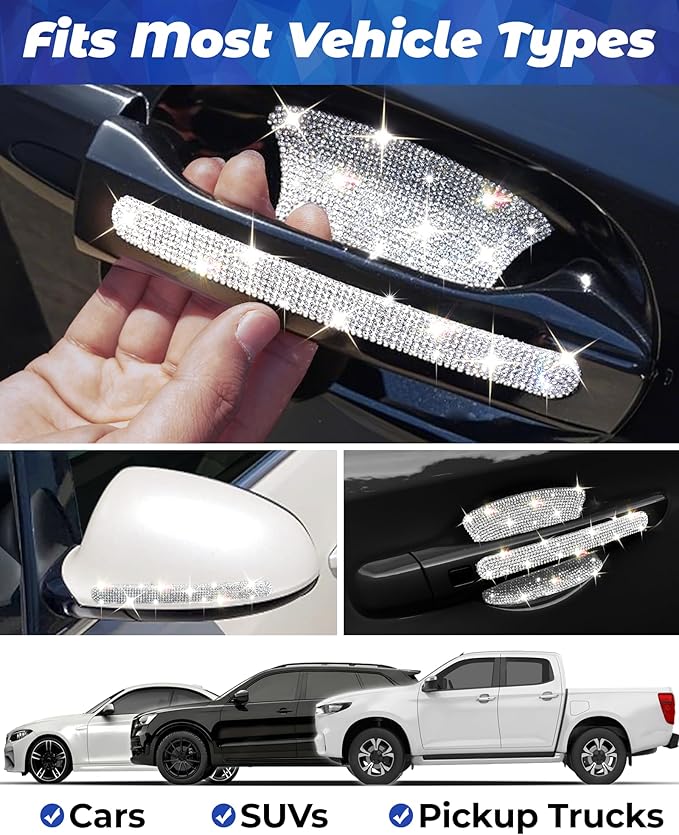 Bling Car Door Handle Protector, 10 PCS, White Sparkling Rhinestone Cars Door Protective Cover, Anti-Scratch Auto Handles Sticker, Universal Bling Car Accessories for Women