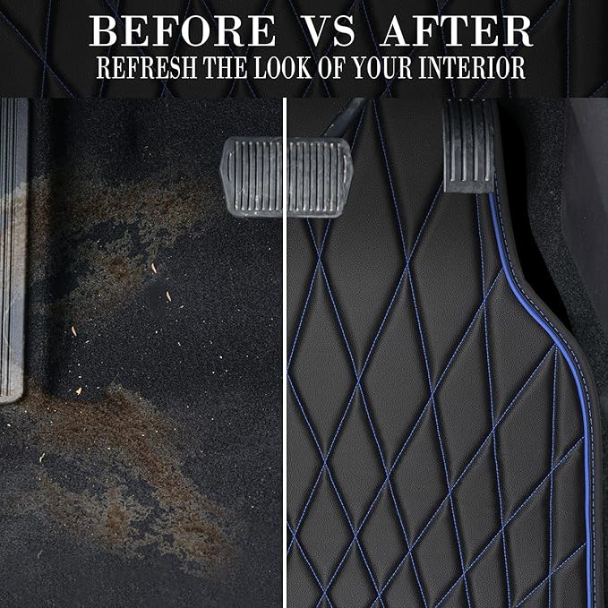 CAR PASS Faux Leather Floor Mats for Cars, Luxury Waterproof All Weather Car Mats Full Set, Anti-Slip Deluxe Automotive Mats Universal Fit for Most SUV,Vans,Sedans,Trucks, 4 Piece Black and Blue