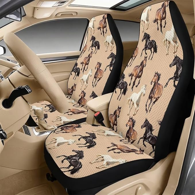 FUSURIRE Horse Pattern Car Seat Cover Set with Center Console Armrest Covers Cushion and Seat Belt Shoulder Straps Pad 5pcs PU Car Accessories for Truck Sedan SUV