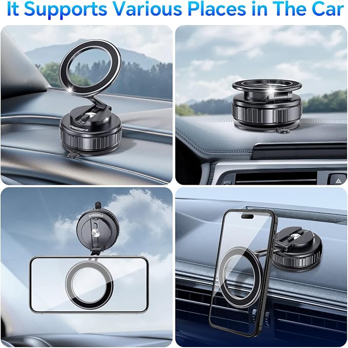 Car Phone Holder for Magsafe [78+LBS Strongest Suction & 2500gf Strongest Magnetic] 360° Adjustable Car Phone Mount.Portable Phone Holders for Car for iPhone 17，Black
