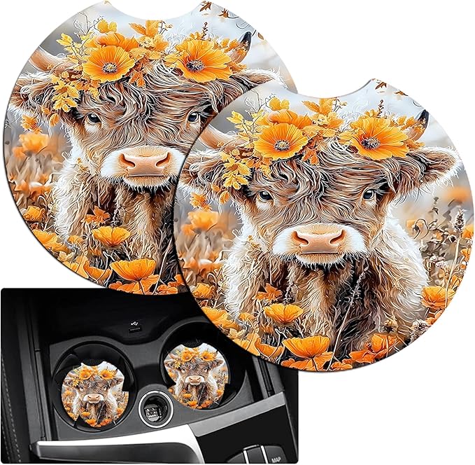 JANENFNA Car Armrest Cover Pads Universal Fashion Cute Auto Center Console Armrest Cover Pad with 2PCS Car Coasters Soft Waterproof Car Armrest Seat Protector for Women,Cow with Yellow Flowers