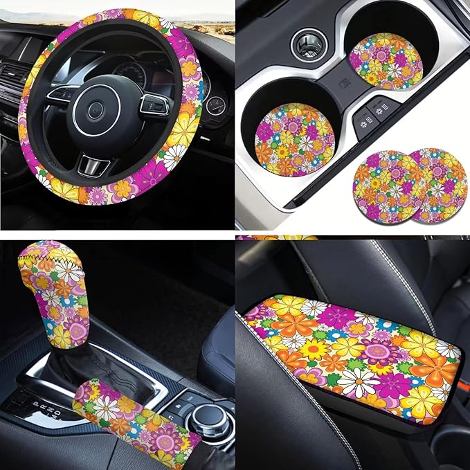6 PCS Hippie Daisy Print Steering Wheel Cover Flower Car Armrest Cover Handbrake Coer Car Interior Sets for Men Women Fit for Trucks Vans Suvs