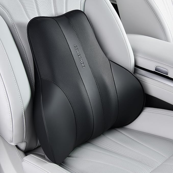 Coverado Lumbar Support Pillow for Car, Ergonomic Memory Foam Back Pillow for Office Chair, Back Cushion for Back Pain Relief, PU Leather Car Lumbar Support for Driving Seat