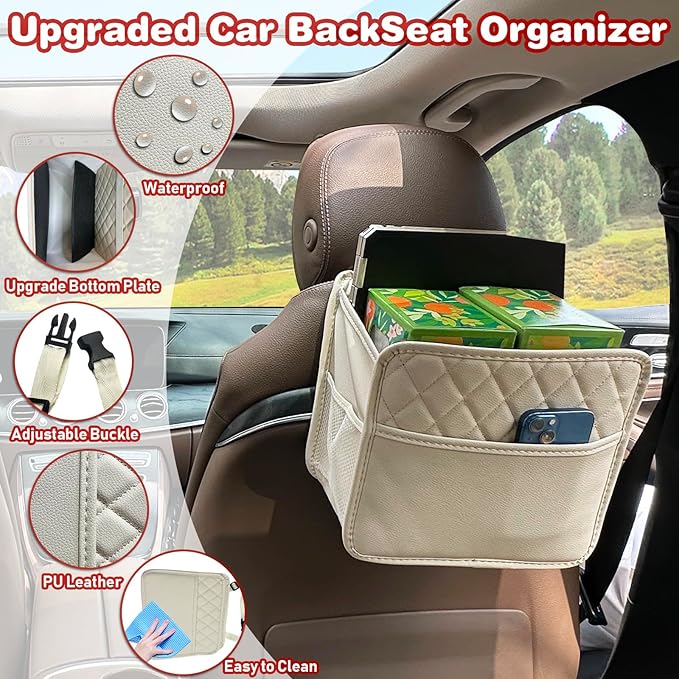 Upgrade Car Seat Organizer Backseat with Storage Pockets, Multipurpose Car Organizer Hanging, Car Trash Bag Can,Premium PU Leather Garbage Can 2.14 Gallon Large Capacity Accessories Beige