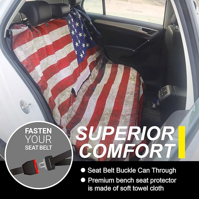 LoyaGour Back Seat Cover for Car Trucks Van SUV,Waterproof Rear Bench Towel Seat Covers for Dogs and Kids,Automotive Backseat Protector (American Flag)
