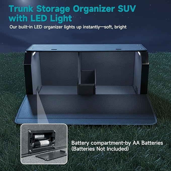 CarCrate Trunk Organizer SUV with Light, Trunk Storage Box with Light, Trunk Organizer with Magnetic Lid & Sturdy Handle, Waterproof Car Storage Powered by 4 AA Batteries(Batteries Not Included)