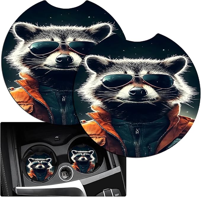 JANENFNA Car Armrest Cover Pads Universal Fashion Cute Auto Center Console Armrest Cover Pad with 2PCS Car Coasters Soft Waterproof Car Armrest Seat Protector for Women,Cool Raccoon Pattern
