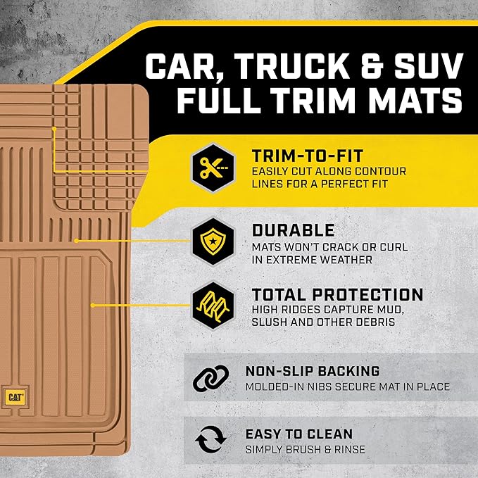 Cat® ToughLiner Heavy Duty Rubber Floor Mats & Cargo Trunk Liner for Car SUV Van Sedan, Beige - Trim to Fit, All Weather Deep Dish Automotive Floor Mat, Total Dirt Protection