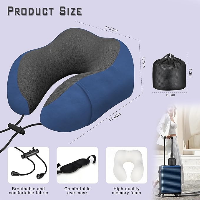 Phent zari Neck Travel Pillow, Upgraded Memory Foam Pillow for Airplane, Machine Washable, Adjustable Flight Pillow, Suitable for Sleeping Airplane, Car, Office and Home (Dark Blue)