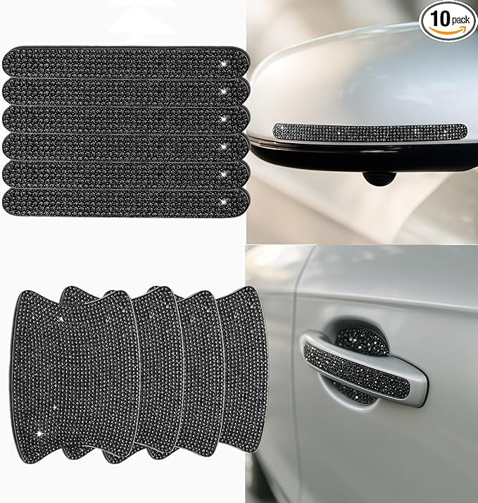 10PCS Bling Car Door Handle Protectors, 4 Door Bowl Stickers + 6 Handle Strips, Crystal Rhinestone Anti-Scratch Car Accessories, Sparkling Auto Decor Decals, Universal for SUV Sedan Truck (Black)