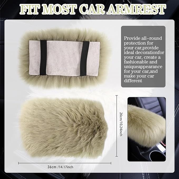 Frienda Furry Armrest Cover Auto Center Console Cover Car Soft Console Pad, Real Sheepskin Wool Soft Fluffy Auto Center Armrest Pad for Most Car Decoration Protector (Champagne)