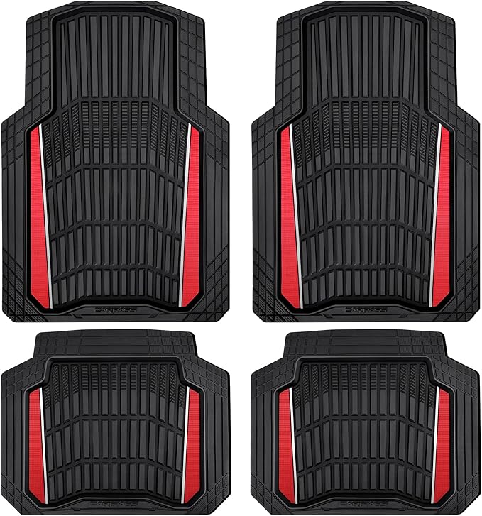 CAR PASS Heavy Duty Rubber Car Floor Mats, Deep Waterproof Car Floor Mats All Weather, Aluminum Film Floor Mats for Cars Non-Slip Universal Trim to Fit for SUVs Trucks Sedans Vans, Black Red Metallic