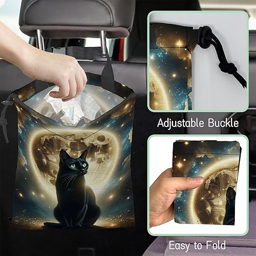 NHNXHWIA Black Cat Car Trash Bag,Full Moon Hanging Drawstring Car Garbage Bag,Waterproof Canvas Car Back Seat Organizer with Adjustable Buckle,for Vehicles,SUVs,Camping,Road Trips