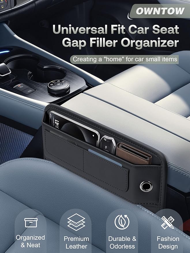 Owntow Universal Fit Premium Leather Car Seat Gap Filler Organizer, Center Console Organizer with Card Slots for Car Suv Truck (Black, 1 Pack)
