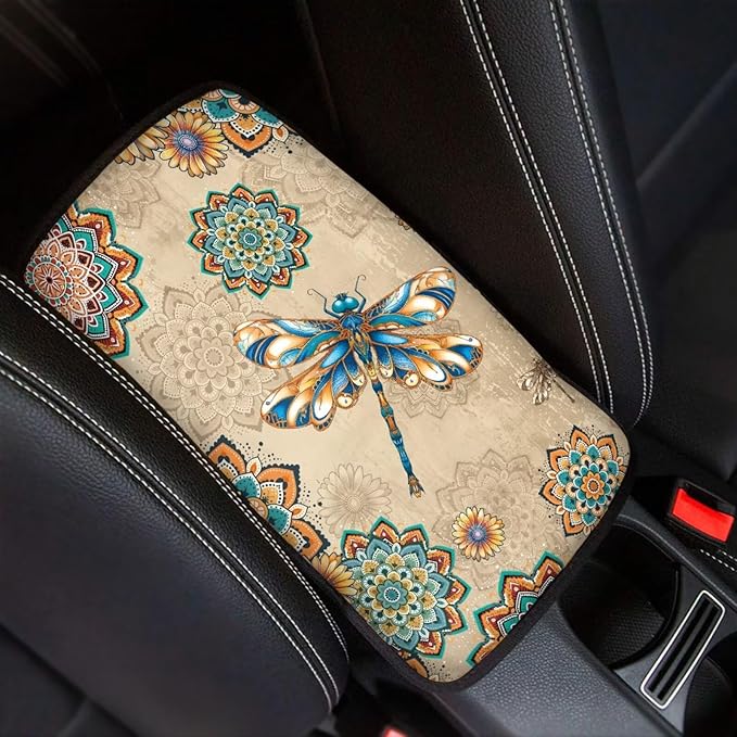 Dragonfly Print Car Center Console Armrest Cover Boho Mandala Flower Print Armrest Box Protector Cover Universal Fits Truck Sedan SUV, Auto Interior Decor