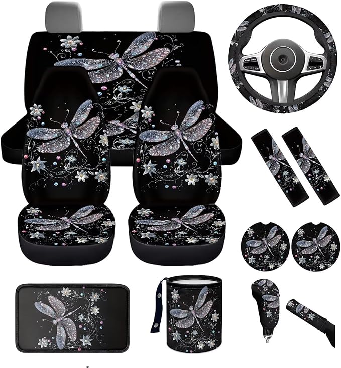 Dngkaoje Dragonfly Car Seat Covers Full Set 13 Pack Women Auto Interior Seat Protective for Front and Rear Art Dragonfly Car Accessories for Ladies Girly Hanging Trash Bag,Seatbelt Pads,Armrest Pad