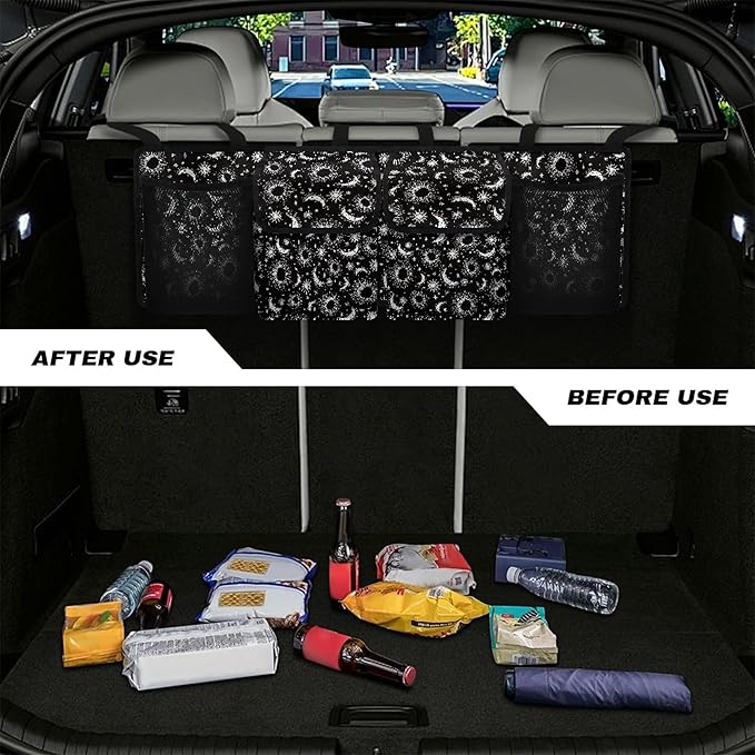CLOHOMIN Sun and Moon Car Storage Organizer Car Trunk Mesh Storage Bag Black Backseat Hanging Organizer Large Capacity Trunk Organizer for SUV Car Accessories with 4 Pockets
