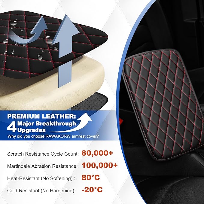 Center Console Cover for Terrain: Armrest Cover for Car with 2 Storage Bags - Scratch & Wear Resistant & Waterproof Leather Console Cover,Anti-Scratch Auto Armrest Pad Accessory （Black&Red