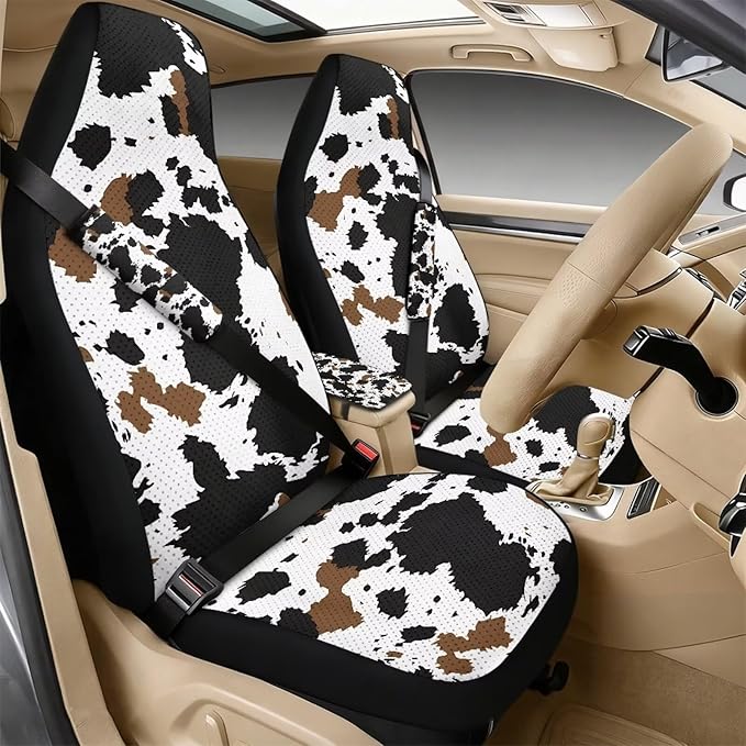 Oramclsy Cow PU Breathable Car Seat Covers Full Set with Armrest Pad PU Breathable Seat Belt Cover 5 Pack Set Accessories Universal SUV Truck