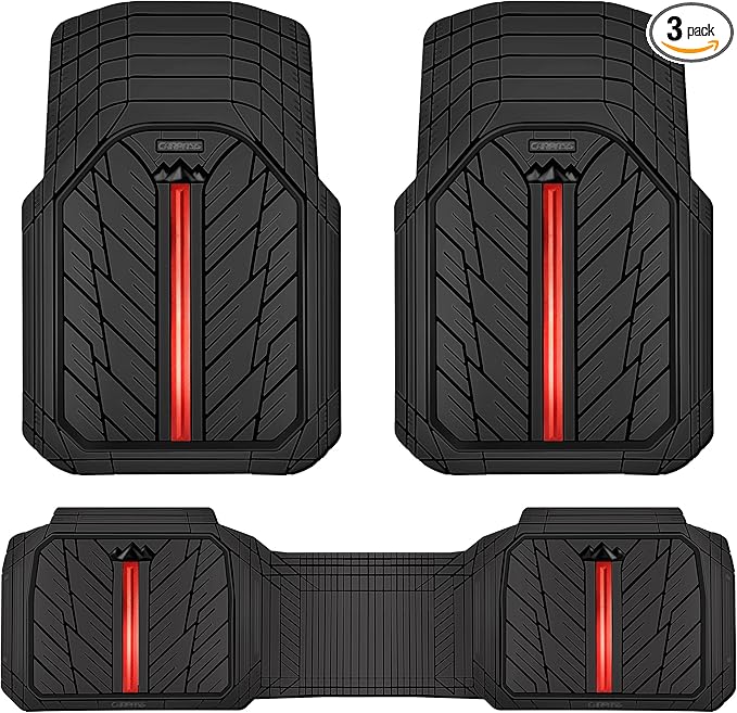 CAR PASS Rubber Floor Mats for Cars, Car Mats Full Sets DeepDish,Universal S~L Size Trim-to Fit Automotive Floor Mat for Truck Van SUV, Heavy Duty Waterproof All-Weather Floor liners Durable Black Red