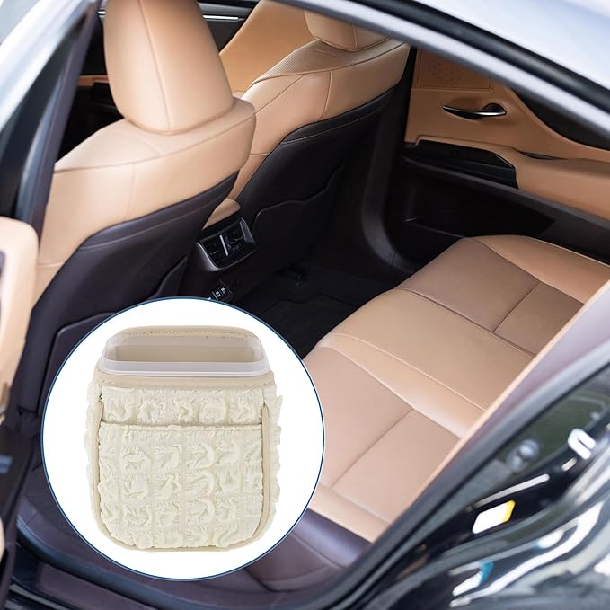 Car Trash Can Portable and Hanging 5.9" Length 4.3" Width 7.5" Height Trash Bin Fabric Beige White 1 Pcs
