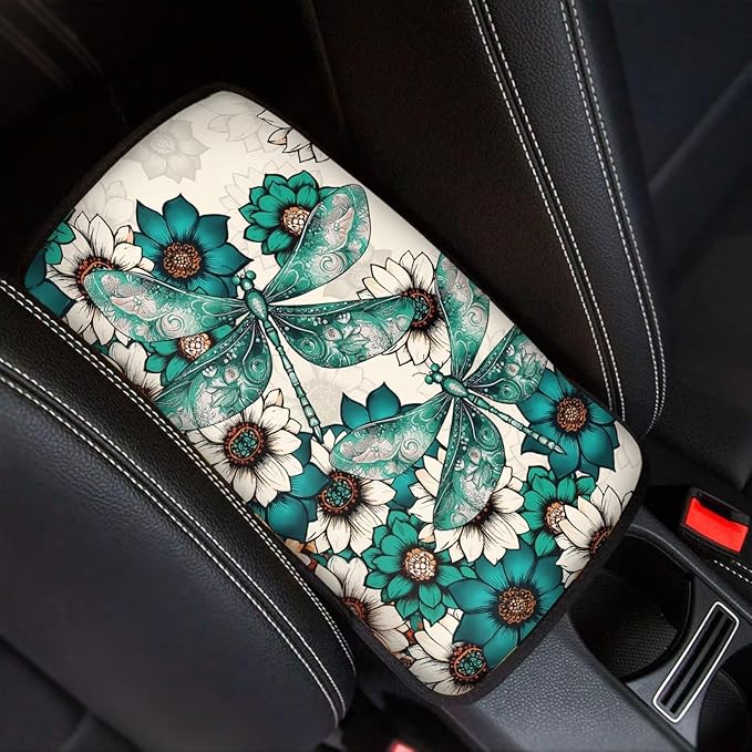 Dahlia Dragonfly Center Console Cover for Cars Vintage Car Armrest Cover Auto Armrest Box Cover Floral Dragonfly Cars Interior Accessories for Vehicle Trucks SUV