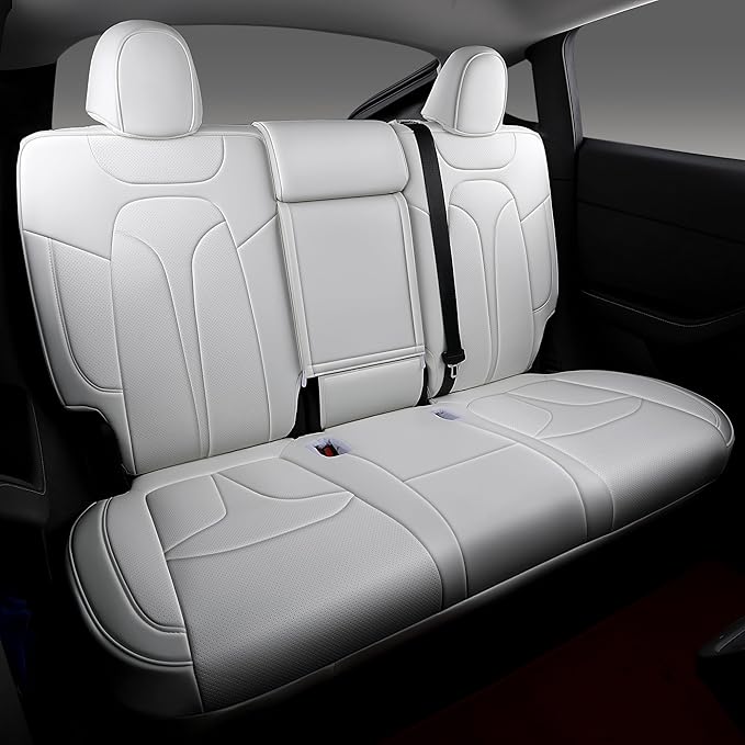 OURPLOT Custom Fit Seat Covers for 2020-2024 Tesla Model Y (5-Seater), Waterproof Nappa Leather, OEM Factory Style Full Set Car Seat Protectors Airbag Compatible - White