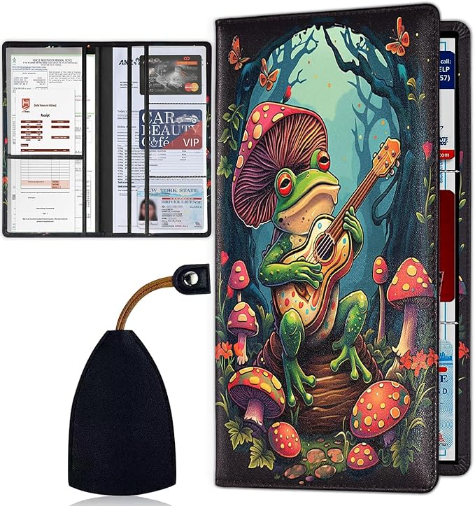 Car Registration and Insurance Card Holder for Women Men, Waterproof PU Leather Glove Box Car Organizer with Magnetic Shut, Vehicle Document Holder for Driver License,Cards, Frog Playing Guitar