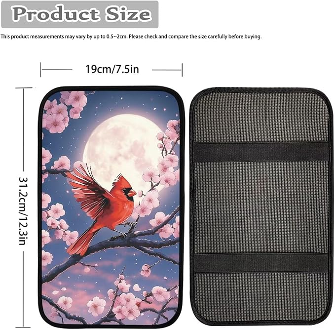 Cardinal Moon Print Armrest Cushion Cover for Car Cherry Blossom Print Car Center Console Armrest Cover Neoprene Car Arm Rest Pad