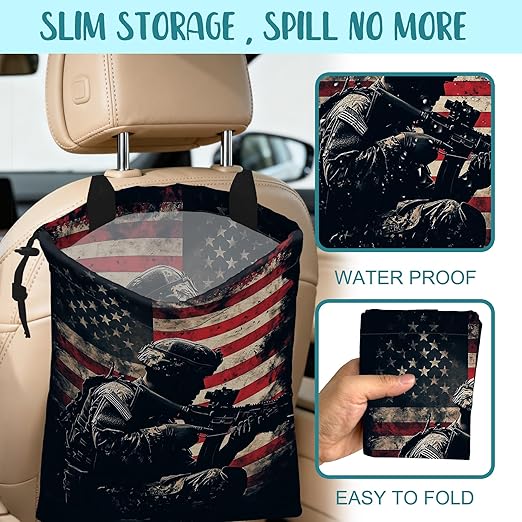 KXWQTRDD Car Garbage Bag American Soldier Holding Rifle Drawstring Car Trash Bag Hanging for Back Seat with Adjustable Buckle Canvas Vehicle Trash Can Easy-to-Install
