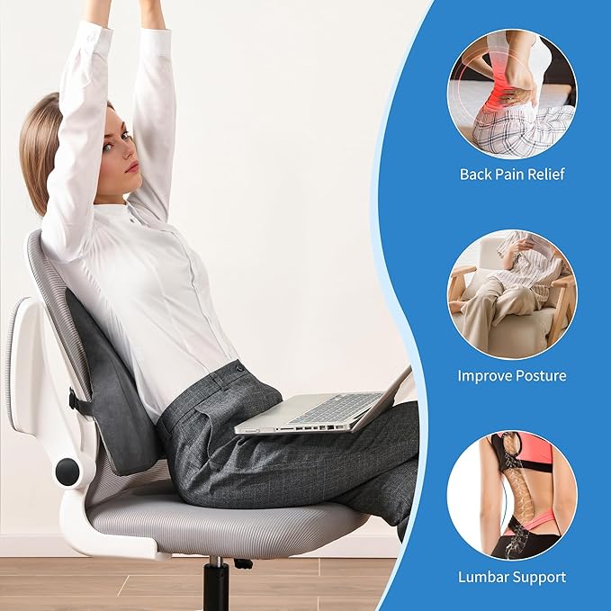 Zickskt Lumbar Support Pillow for Office Chair - Memory Foam Back Cushion for Chair, Car, Couch - Lumbar Pillow Promotes Better Posture, Back Pain Relief with Adjustable Strap & Non-Slip