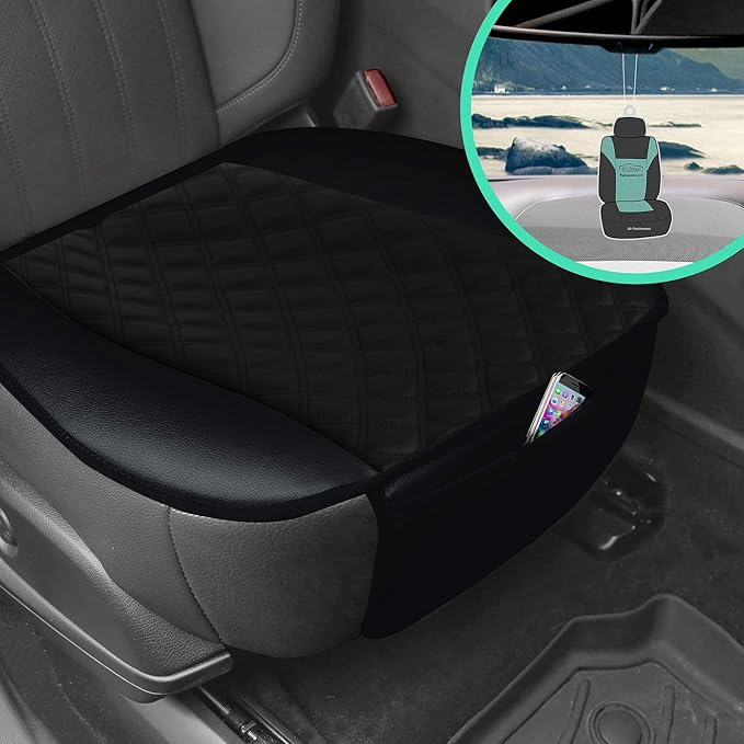 FH Group Faux Leather Seat Cushion Pad with Front Pocket Front Set – Universal Fit for Cars Trucks & SUVs (Black)