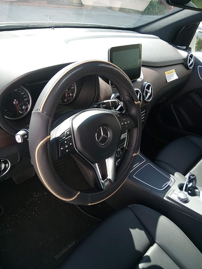 Jdragon Black + Beige Line PU Leather Best Grip Slip-On Steering Wheel Cover 14.25-15" Diameter