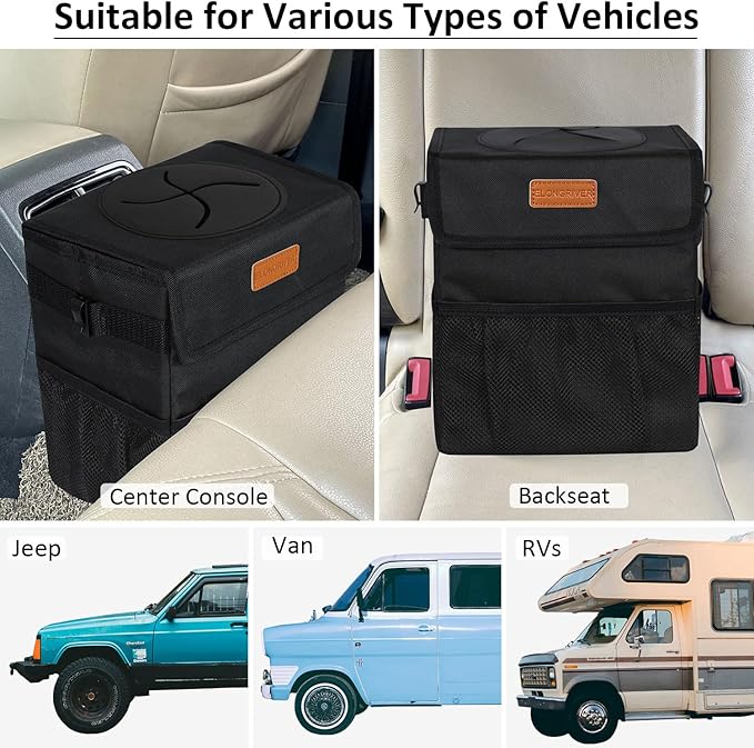 ELONGRIVER Car Trash Can Bin for Back Seat Leak Proof, Cute Car Trash Bag Hanging, Vehicle Trash Can for SUV Truck Van, Automotive Garbage Cans Front Seat Black