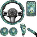 Galaxy Night Owl Car Steering Wheel Cover Set 6 Pcs Animal Owl Print Cup Holder Armrest Pad Gear Shift Cover,Car Handbrake Covers Auto Accessories for Men Women