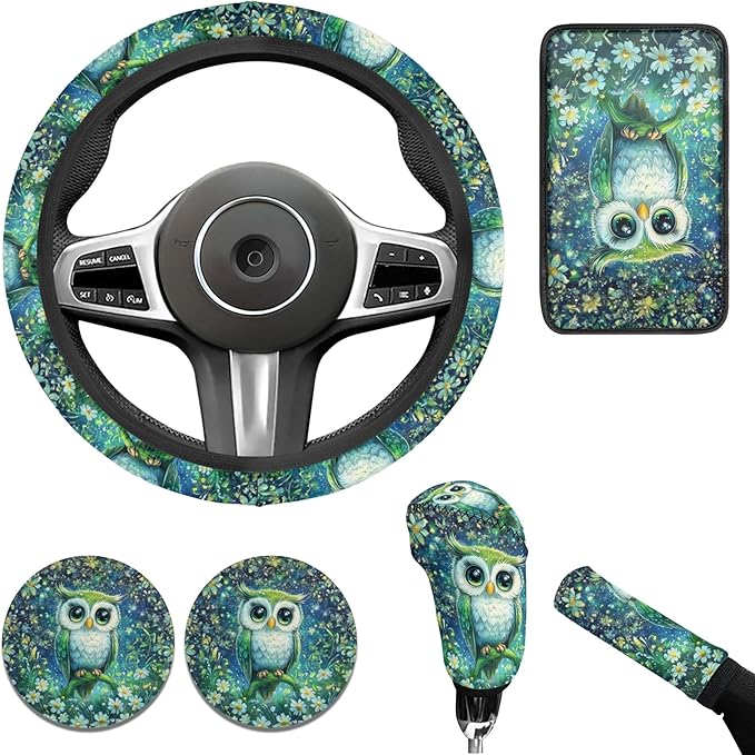 Galaxy Night Owl Car Steering Wheel Cover Set 6 Pcs Animal Owl Print Cup Holder Armrest Pad Gear Shift Cover,Car Handbrake Covers Auto Accessories for Men Women