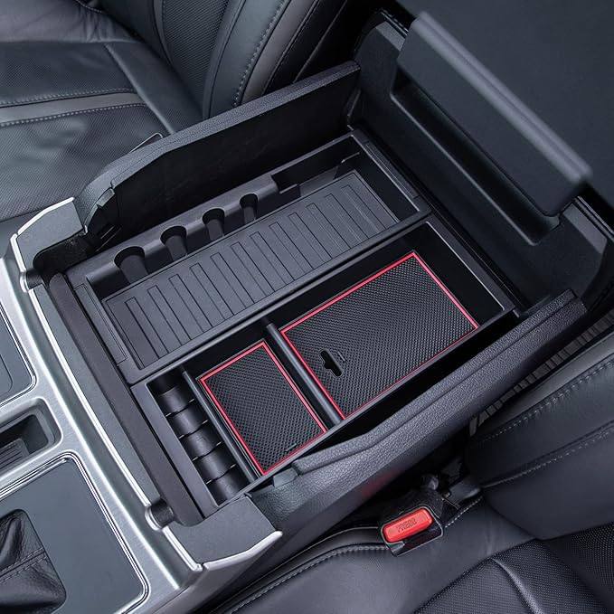 PIMCAR Center Console Organizer Tray for Ford F150 (2015-2020), Super Duty F250/F350/F450 (2017-2022), Expedition (2018-2024),ABS Plastic Single-Piece Design, Fits Factory Tray-Red Trim