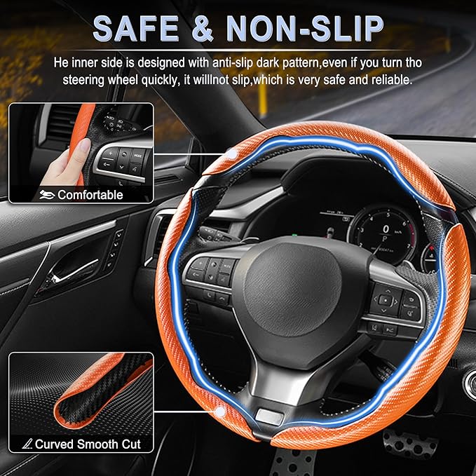 Amiss 3pcs Carbon Fiber Anti-Skid Steering Wheel Cover, Waterproof & Segmented Butterfly Design, Universal 99% Vehicle Wheel Cover Protector, Car Interior Accessories, Orange