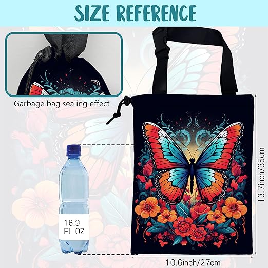 KXWQTRDD Car Garbage Bag Colorful Butterfly with Flowers Hanging Canvas Car Trash Bag Waterproof Drawstring Car Back Seat Organizer for Car Back Front Seat Console with Adjustable Buckle